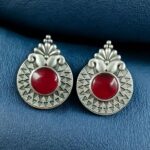 Bulk 466 Stylish Oxidized Stud Earrings | Silver Replica Monalisa Stone Perfect Casual & Party Wear Jewelry - "Red"