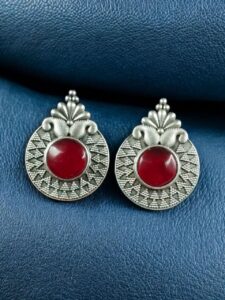 Stylish Oxidized Stud Earrings | Silver Replica Monalisa Stone Perfect Casual & Party Wear Jewelry - color: "Red"