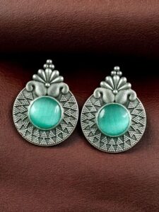 Stylish Oxidized Stud Earrings | Silver Replica Monalisa Stone Perfect Casual & Party Wear Jewelry - color: "Mint"