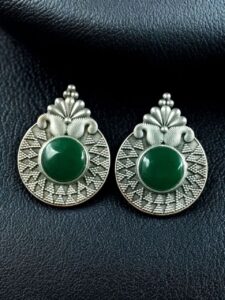 Stylish Oxidized Stud Earrings | Silver Replica Monalisa Stone Perfect Casual & Party Wear Jewelry - color: "Green"