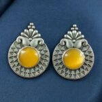 Bulk 464 Stylish Oxidized Stud Earrings | Silver Replica Monalisa Stone Perfect Casual & Party Wear Jewelry - "Yellow"