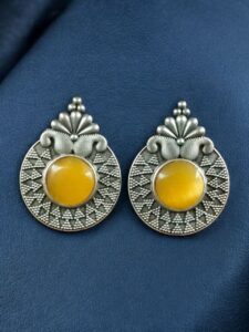 Stylish Oxidized Stud Earrings | Silver Replica Monalisa Stone Perfect Casual & Party Wear Jewelry - color: "Yellow"