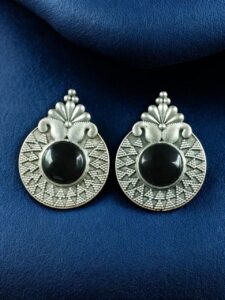 Stylish Oxidized Stud Earrings | Silver Replica Monalisa Stone Perfect Casual & Party Wear Jewelry - color: "Black"