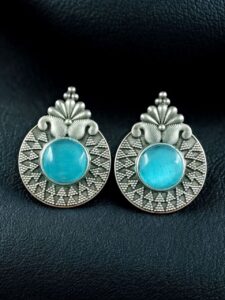 Stylish Oxidized Stud Earrings | Silver Replica Monalisa Stone Perfect Casual & Party Wear Jewelry - color: "Aqua"