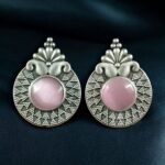 Bulk 470 Stylish Oxidized Stud Earrings | Silver Replica Monalisa Stone Perfect Casual & Party Wear Jewelry - "Baby Pink"