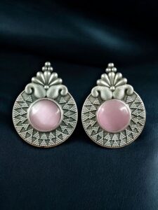 Stylish Oxidized Stud Earrings | Silver Replica Monalisa Stone Perfect Casual & Party Wear Jewelry - color: "Baby Pink"