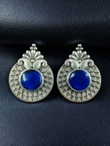 Stylish Oxidized Stud Earrings | Silver Replica Monalisa Stone Perfect Casual & Party Wear Jewelry - color: "Blue"