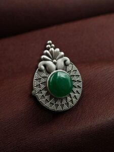 Trendy Oxidized Monalisa Stone Ring | Silver Replica Adjustable Perfect Jewelry For Women - color: "Green"