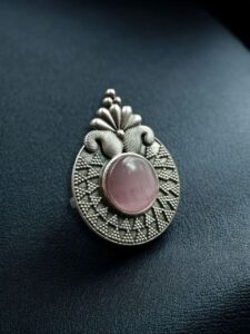 Trendy Oxidized Monalisa Stone Ring | Silver Replica Adjustable Perfect Jewelry For Women - color: "Baby Pink"