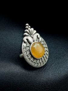 Trendy Oxidized Monalisa Stone Ring | Silver Replica Adjustable Perfect Jewelry For Women - color: "Yellow"