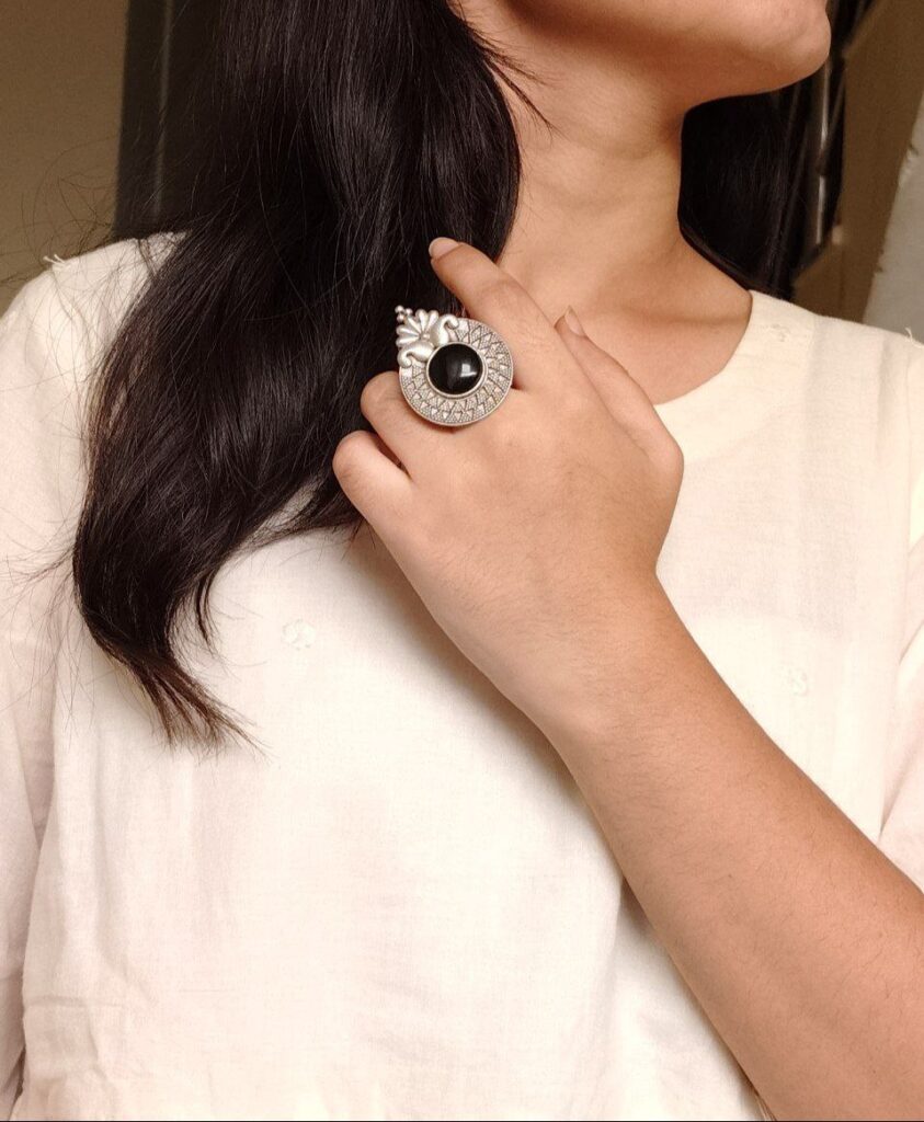 Trendy Oxidized Monalisa Stone Ring | Silver Replica Adjustable Perfect Jewelry For Women