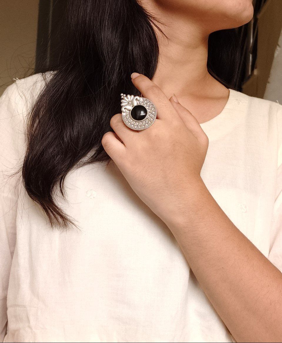 Trendy Oxidized Monalisa Stone Ring | Silver Replica Adjustable Perfect Jewelry For Women 1 Oxidized silver replica adjustable Monalisa stone ring for women