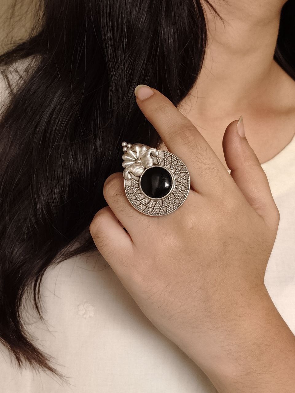 Trendy Oxidized Monalisa Stone Ring | Silver Replica Adjustable Perfect Jewelry For Women 6 Oxidized silver replica adjustable Monalisa stone ring for women