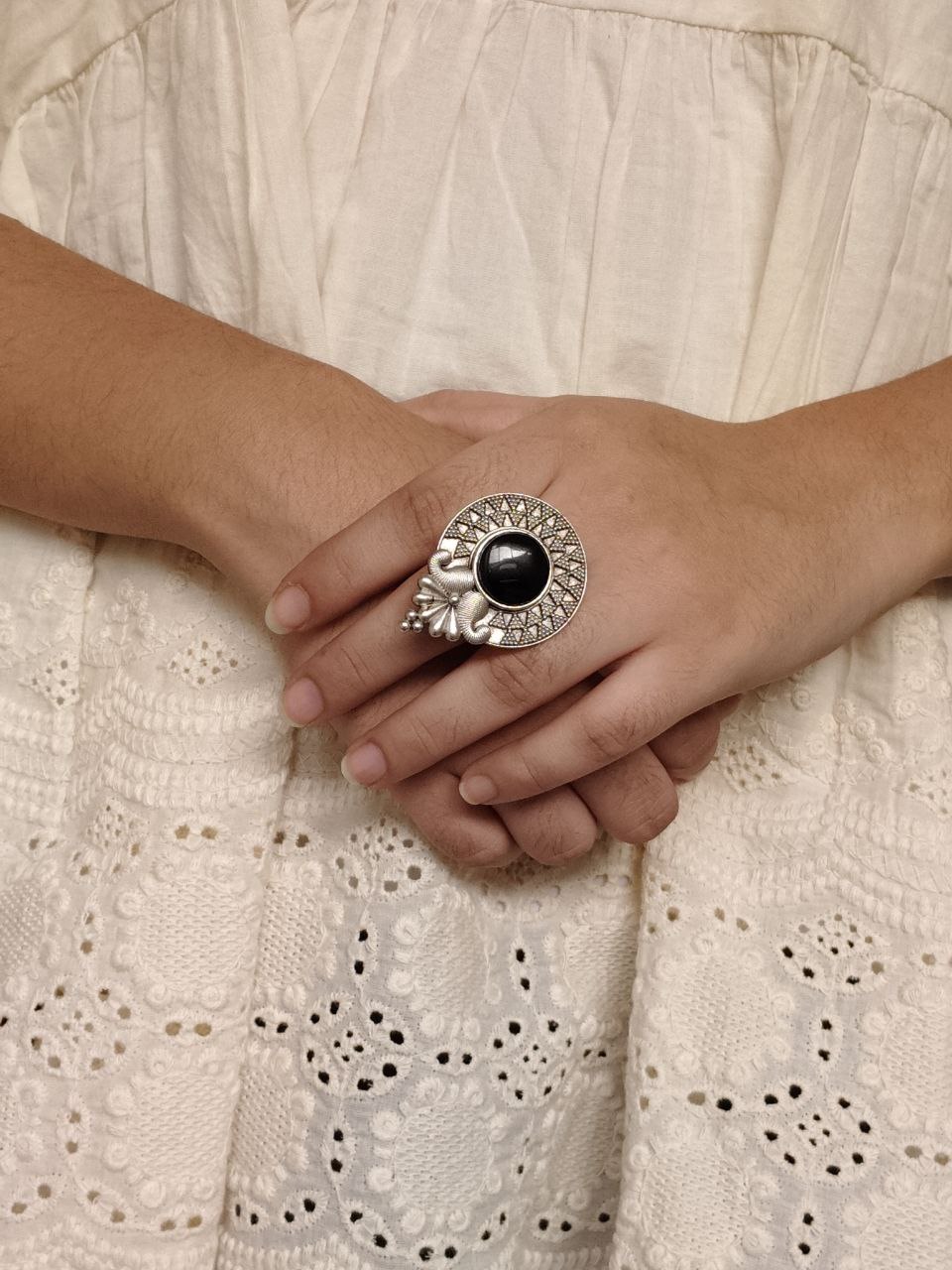 Trendy Oxidized Monalisa Stone Ring | Silver Replica Adjustable Perfect Jewelry For Women 2 Oxidized silver replica adjustable Monalisa stone ring for women