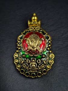 Gold Plated Meenakari Maa Durga Pendant Raw Material for Traditional Jewelry Making - color: "Green-Red"