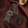 Oxidized peacock necklace set with matching earrings in silver replica finish.