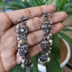 Elegant 3 Layer Oxidized Dangler Earrings with Beautiful Stone and Pearl Work Design