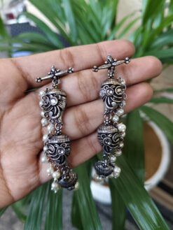 Elegant 3 Layer Oxidized Dangler Earrings with Beautiful Stone and Pearl Work Design