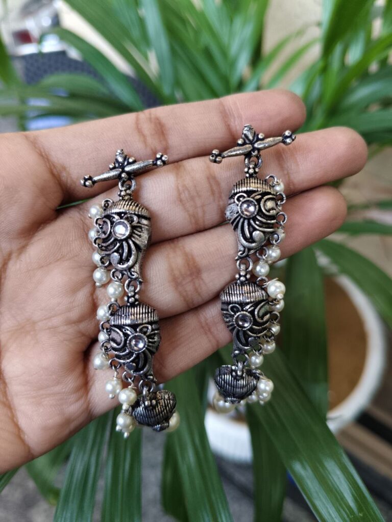 Elegant 3 Layer Oxidized Dangler Earrings with Beautiful Stone and Pearl Work Design