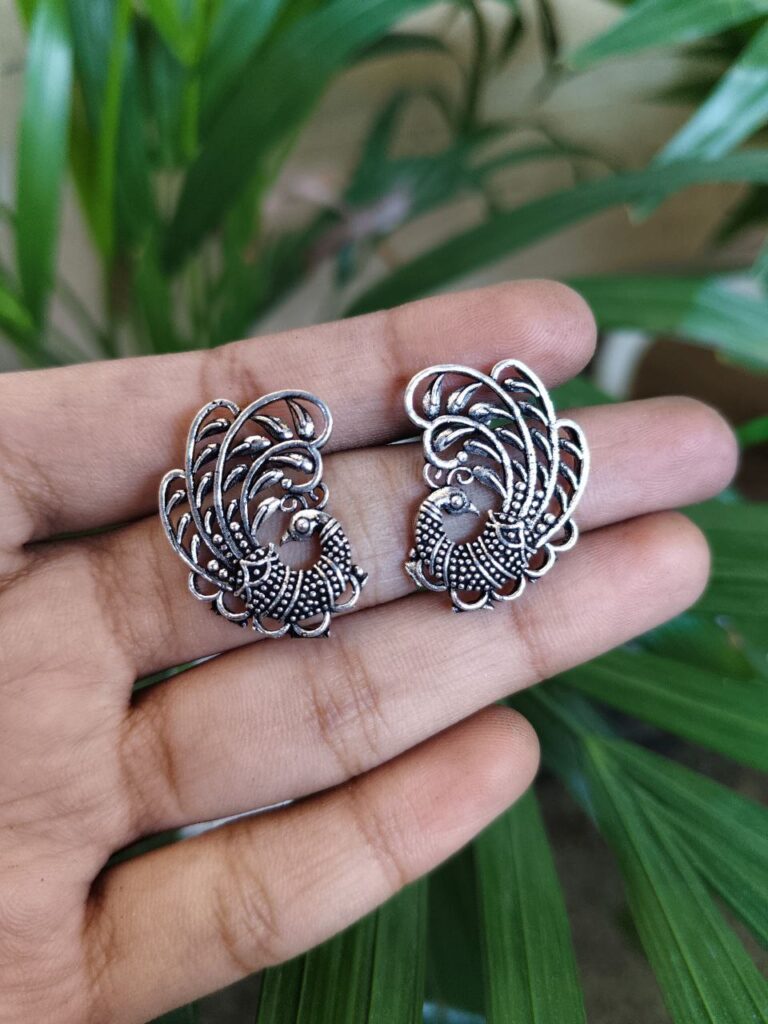 Elegant German Silver Peacock Stud Earrings for Women with Traditional Ethnic Design