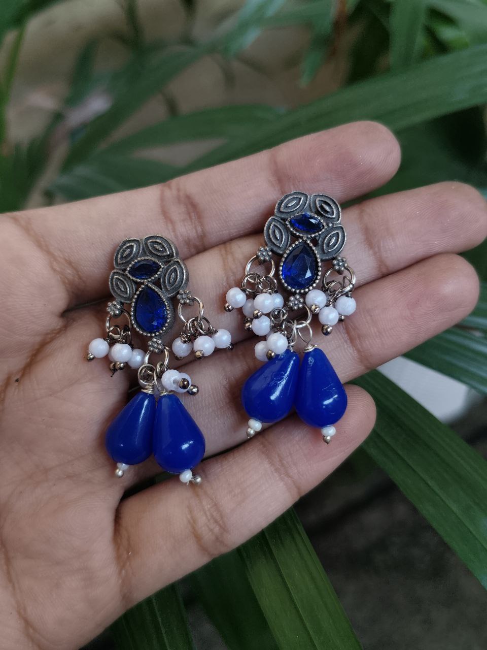 Elegant Silver Plated Oxidized Earrings with Stone and Pearl Work for Women 1 Elegant Silver Plated Oxidized Earrings with Stone and Pearl Work for Women