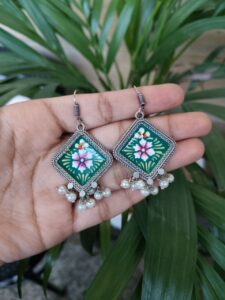 Handpainting Jewelry | Adorable Silver Replica Painted Earrings - Color: "Green"