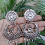 German Silver Flower Chandbali Earrings with Traditional Ethnic Design for Women’s Style
