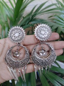 German Silver Flower Chandbali Earrings with Traditional Ethnic Design for Women’s Style