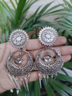 German Silver Flower Chandbali Earrings with Traditional Ethnic Design for Women’s Style