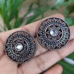 Stylish Round Oxidized Stud Earrings with Elegant Stone Work for Women