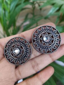 Stylish Round Oxidized Stud Earrings with Elegant Stone Work for Women