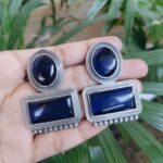 Elegant Silver Replica Stud Earrings with Beautiful Monalisa Stone Design for Women - "Blue"