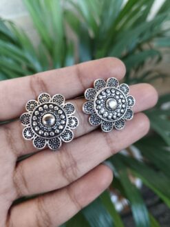 German Silver Flower Stud Earrings with Traditional Ethnic Design for Women’s Daily Use