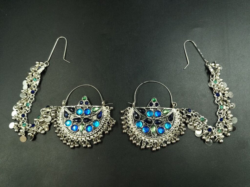 Stylish Afghani Earrings with Side Chain, Stone Detailing and Elegant Ghungroo Work