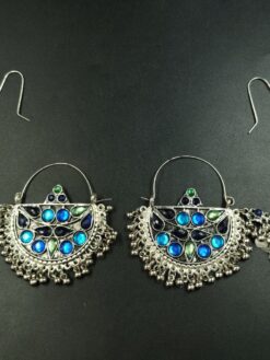 Stylish Afghani Earrings with Side Chain, Stone Detailing and Elegant Ghungroo Work