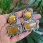 Elegant Silver Replica Stud Earrings with Beautiful Monalisa Stone Design for Women - "Yellow"