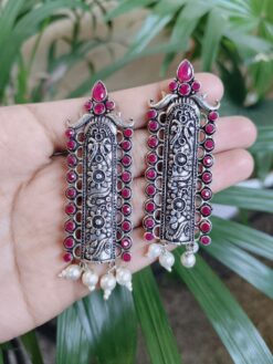 Elegant Floral Art Stud Earrings with Stone and Pearl Work for Women