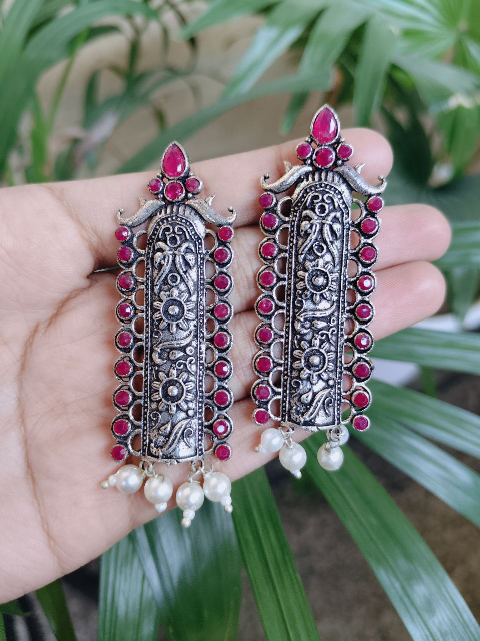 Elegant Floral Art Stud Earrings with Stone and Pearl Work for Women 1 Elegant Floral Art Stud Earrings with Stone and Pearl Work for Women