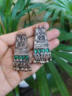 Elegant German Silver Stone Stud Earrings with Traditional Ghungroo Detailing for Women