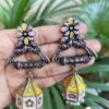 Elegant Hand-Painted Peacock Dangler Earrings with Beautiful Stone and Pearl Detailing for Women