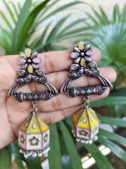 Elegant Hand-Painted Peacock Dangler Earrings with Beautiful Stone and Pearl Detailing for Women
