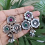 Elegant Silver Plated Flower Stud Earrings with Beautiful Stone Detailing for Women