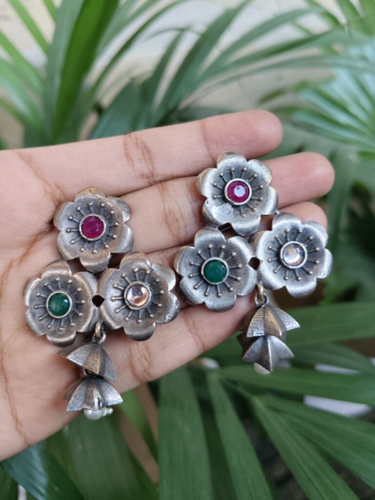 Elegant Silver Plated Flower Stud Earrings with Beautiful Stone Detailing for Women