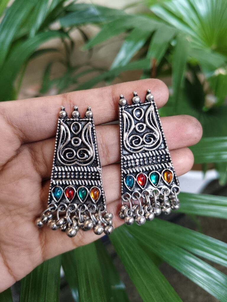 Traditional German Silver Stud Earrings with Stone Detailing and Elegant Ghungroo Design