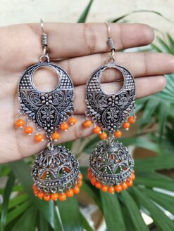 Beautiful German Silver Floral Art Jhumki Hook Dangler Earrings with Elegant Ghungroo Detailing