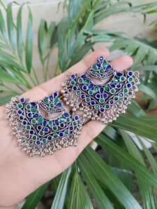 Silver Plated Boho Style Earrings with Unique Design Featuring Stone and Ghungroo Work