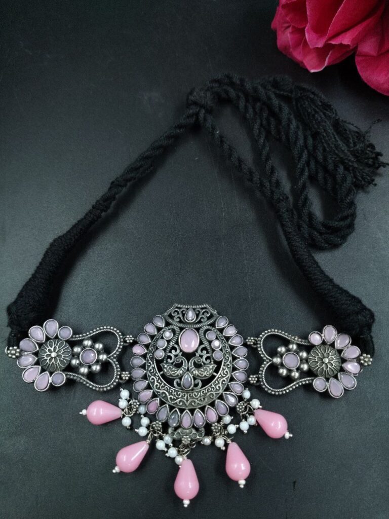 Peacock Design Silver Plated Thread Necklace with Stone and Pearl Work Ethnic Jewelry