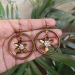 Spiral Ring Hanging Flower Hook Earrings with Intricate Stone Work Traditional Design