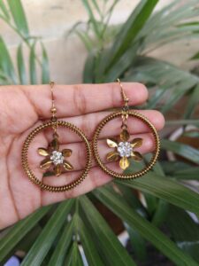 Spiral Ring Hanging Flower Hook Earrings with Intricate Stone Work Traditional Design