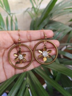 Spiral Ring Hanging Flower Hook Earrings with Intricate Stone Work Traditional Design